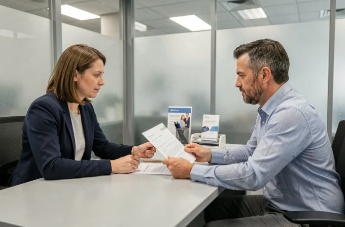 Couple en consultation avec un conseiller bancaire pour un crédit à la consommation