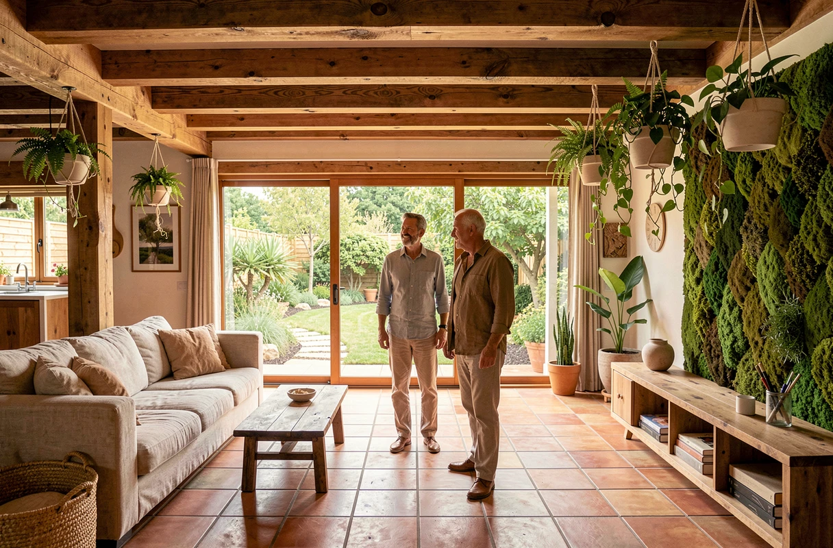 Couple visitant une maison écologique neuve avec poutres en bois et jardin paysager, nouvelles tendances habitat