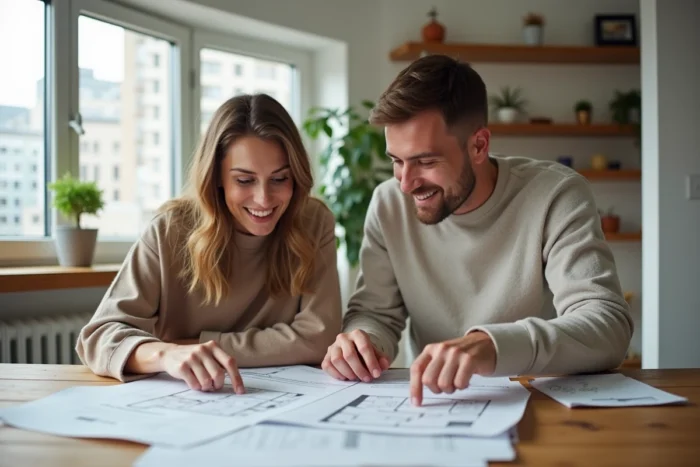 Couple examinant des documents immobiliers et des plans d'appartement sur une table en bois dans un intérieur moderne
