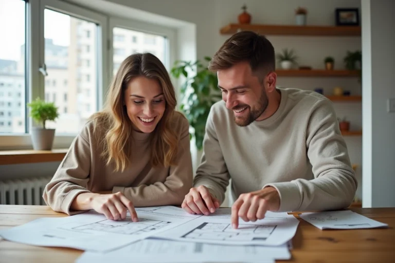 Couple examinant des documents immobiliers et des plans d'appartement sur une table en bois dans un intérieur moderne