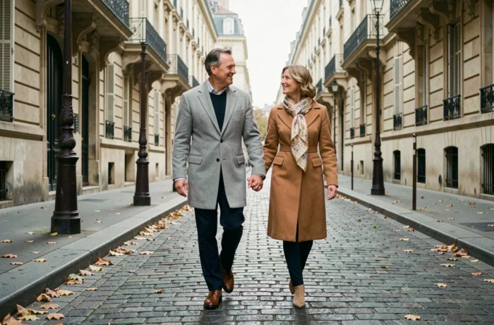 Couple marchant main dans la main sur un trottoir parisien en automne, illustrant leur belle histoire d'amour et de complicité
