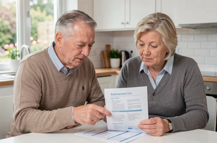 Couple de retraités consultant un guide pratique d'inscription aux services CCUES SG à leur domicile