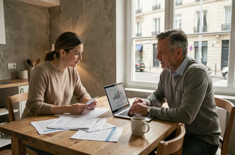 Couple examinant les conditions des taux immobiliers Casden sur un ordinateur portable à la maison