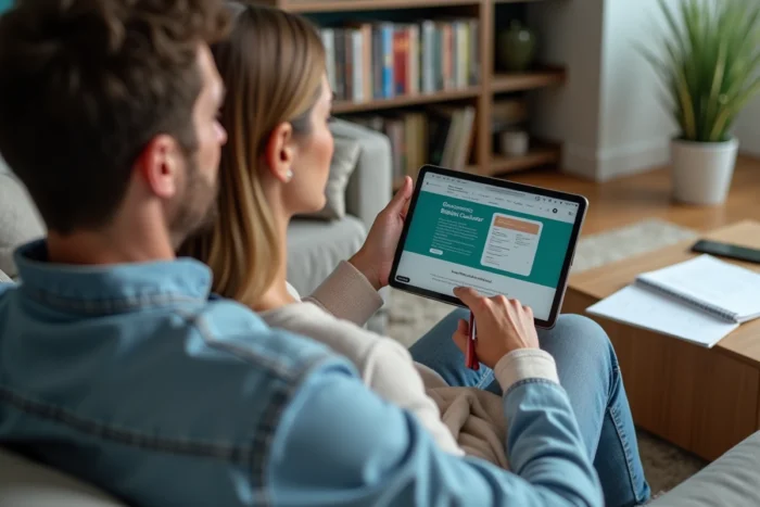 Couple vérifiant ensemble le plafond de salaire pour la prime d'activité sur une tablette numérique