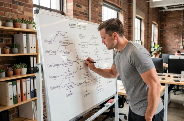 Développeur SEO dessinant la structure d'un sitemap XML sur un tableau blanc dans un espace de travail collaboratif