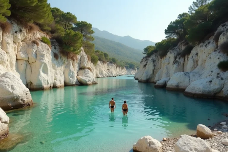 Baignade dans une crique naturelle aux eaux turquoise entourée de falaises calcaires près de Nîmes