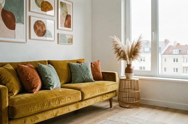 Salon moderne décoré avec un canapé velours moutarde, des coussins terracotta et vert sauge, et une table en rotin avec un vase en céramique et de l'herbe de pampa séchée
