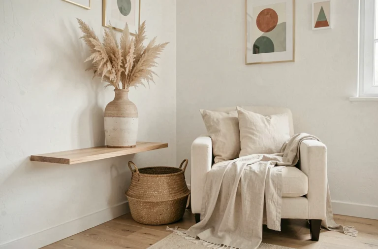 Coin salon décoré avec des accessoires tendance CallMeSpring : vase en céramique, panier tressé et jeté en lin crème dans un appartement scandinave