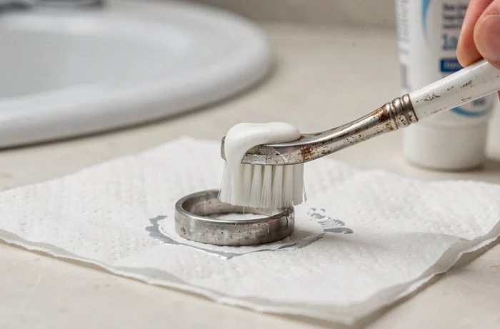 Application de dentifrice blanc non-gel avec une brosse à dents souple sur une bague en argent noircie