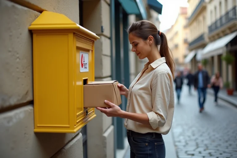 Femme déposant un colis dans une boîte aux lettres La Poste jaune sur un trottoir en France