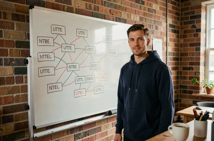 Développeur web dessinant l'architecture d'un sitemap sur un tableau blanc dans un espace de travail créatif