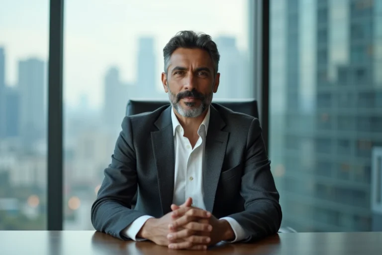 Portrait d'un dirigeant de grande entreprise technologique en costume gris assis dans une salle de réunion moderne avec vue sur la ville