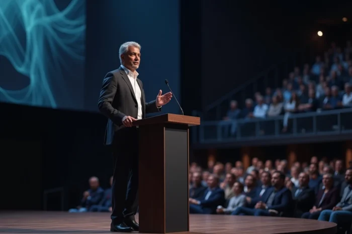 Dirigeant de Google prenant la parole lors d'une grande conférence technologique devant un public de professionnels