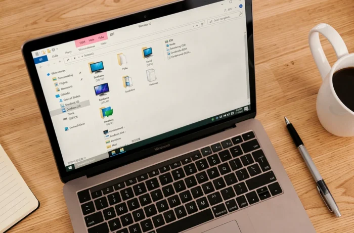 Vue aérienne d'un ordinateur portable affichant le chemin d'accès au dossier ESD dans l'explorateur de fichiers Windows 10