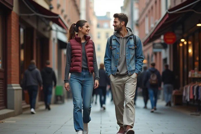 Deux amis portant des tenues mode urbaine tendance dans une rue animée avec veste en denim et puffer vest