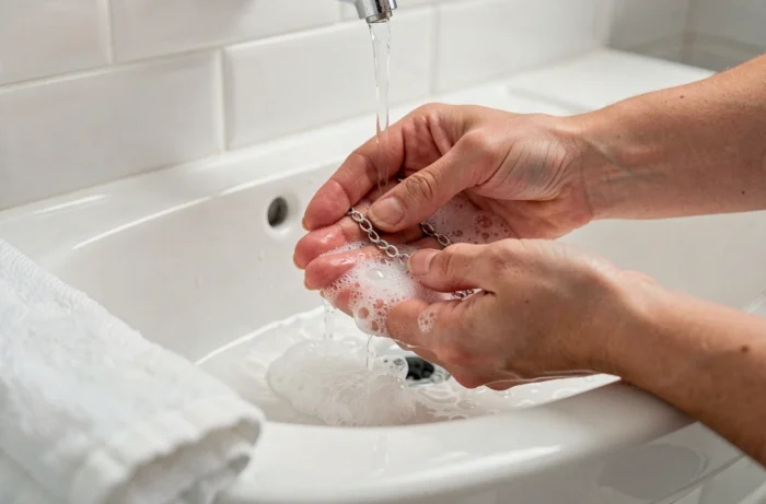 Lavage délicat d'un collier en argent à l'eau savonneuse tiède dans un évier en céramique blanche