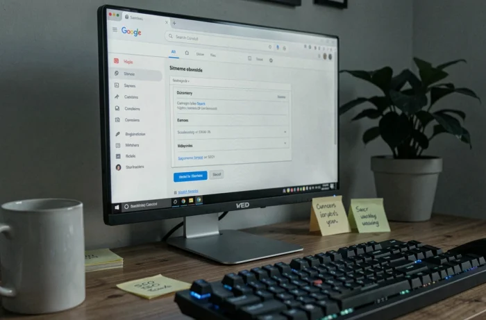 Écran d'ordinateur affichant la soumission d'un sitemap dans Google Search Console avec un clavier et une tasse de café