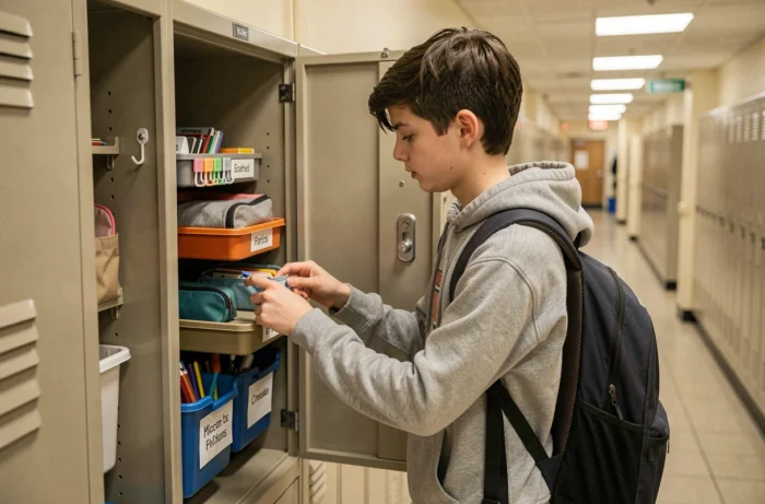 Leerling organiseert zijn schoolkast met stapelbare planken en zelfklevende haken in een schoolgang