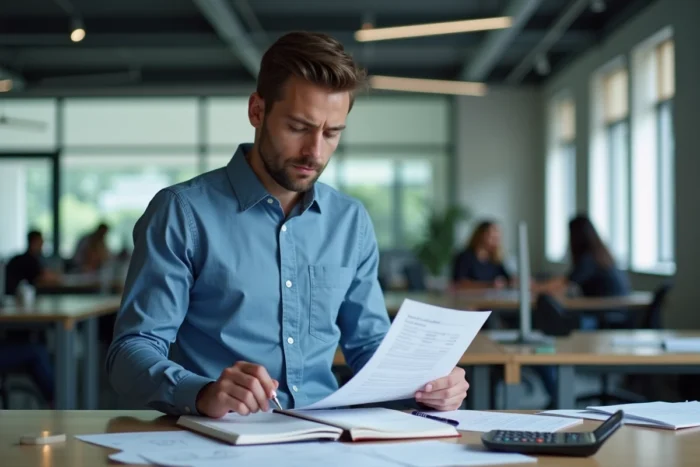Employé de bureau analysant son bulletin de salaire pour vérifier son éligibilité à la prime d'activité