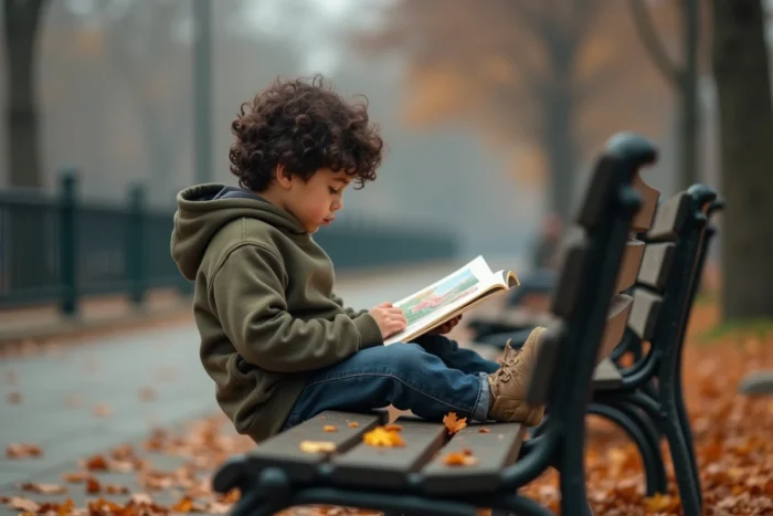 Jeune garçon aux cheveux bouclés lisant seul sur un banc de parc en automne, symbolisant l'enfant discret d'une personnalité publique