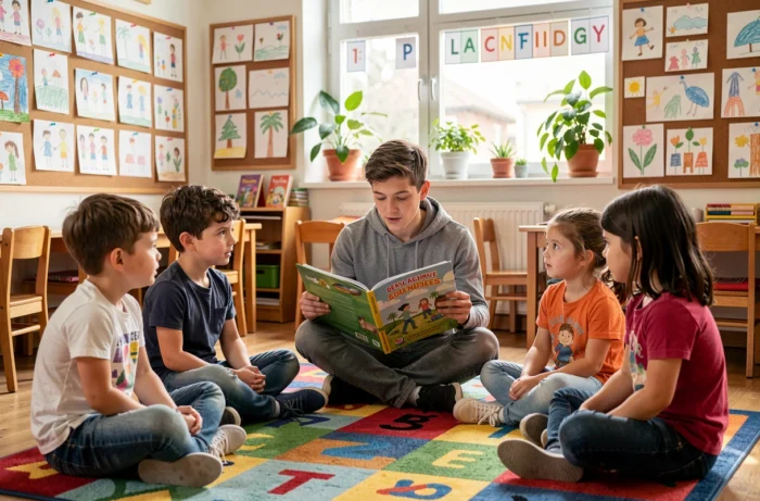 Enseignant lisant un livre illustré à un groupe d'enfants de primaire assis en cercle dans une salle de classe colorée en France