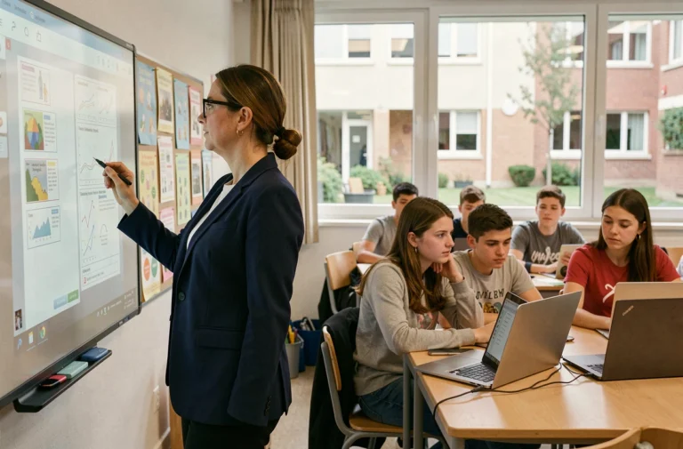 Enseignante française devant un tableau numérique interactif dans une salle de classe moderne avec des élèves lycéens