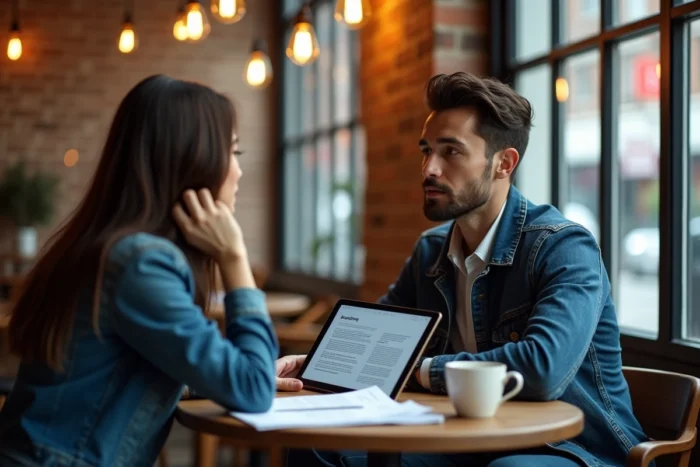 Deux entrepreneurs discutant des meilleures ressources pour réussir sur le web autour d'un café en milieu urbain