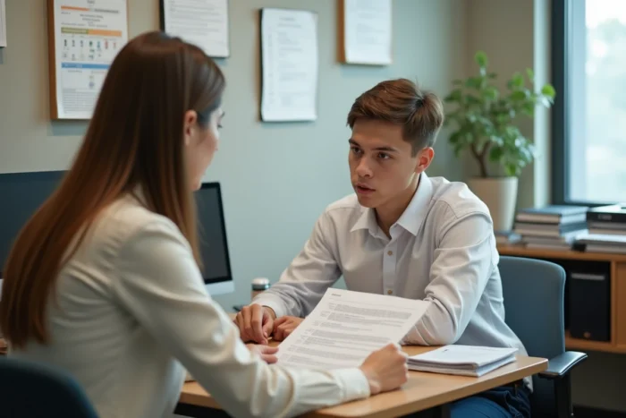 Jeune lycéen en entretien d'orientation avec une conseillère pédagogique dans un bureau scolaire