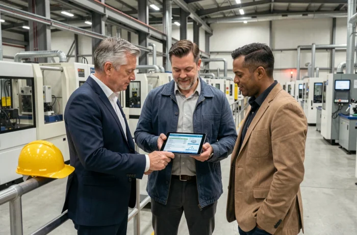 Équipe professionnelle évaluant des options de financement d'équipement industriel dans une usine moderne