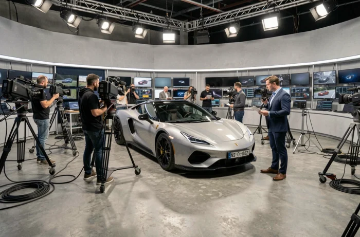 Equipo de rodaje del programa Turbo M6 con el presentador alrededor de un coche deportivo en estudio