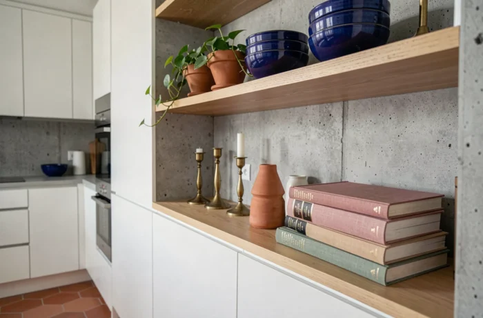 Étagères de cuisine ouvertes décorées avec des bols en céramique bleu cobalt, des pots en terracotta avec des plantes retombantes, des bougeoirs en laiton et des livres d'art en lin