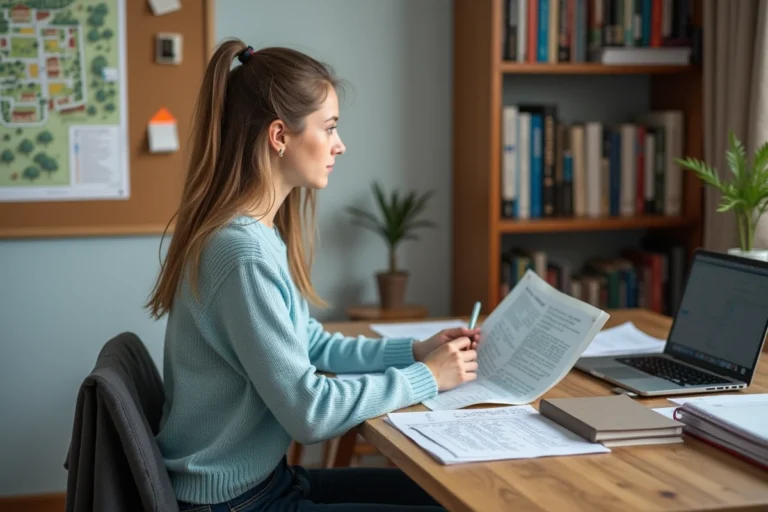 Jeune étudiante réfléchissant à son orientation après le bac devant des brochures universitaires sur son bureau