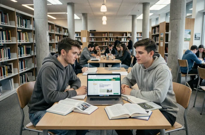 Deux étudiants universitaires français révisant ensemble dans une bibliothèque moderne avec des manuels et un ordinateur portable