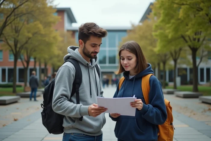 Deux étudiants discutant de leur choix d'orientation universitaire dans la cour d'un campus