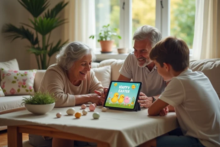 Famille multigénérationnelle réunie autour d'une tablette affichant une carte animée de Pâques dans un salon chaleureux