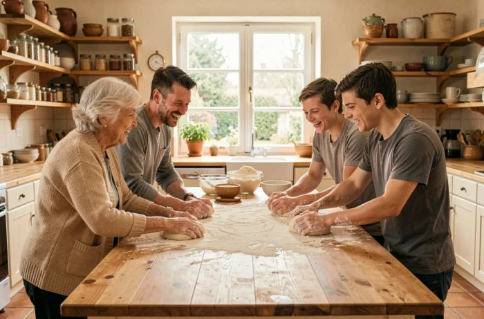 Famille multigénérationnelle en train de préparer une recette ensemble dans une cuisine chaleureuse, rires et farine partagés autour d'une grande table en bois