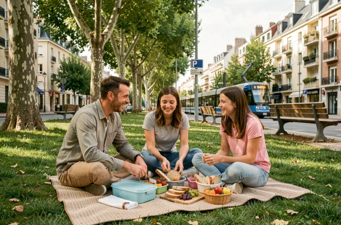 Family enjoying a picnic in a park in the Grisettes neighborhood of Montpellier, green setting and peaceful neighborhood life