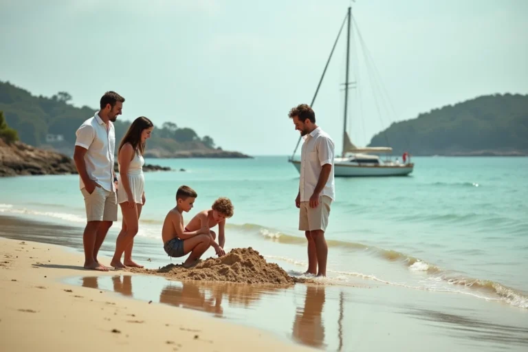 Famille profitant de la plage de Conleau à Vannes au bord du golfe du Morbihan par une journée estivale