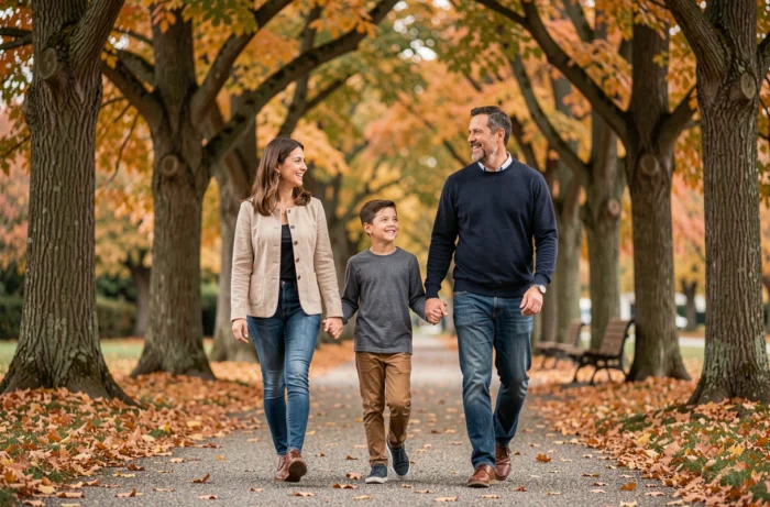 Famille se promenant main dans la main sur un chemin de parc en automne, feuilles dorées au sol et arbres majestueux en arrière-plan