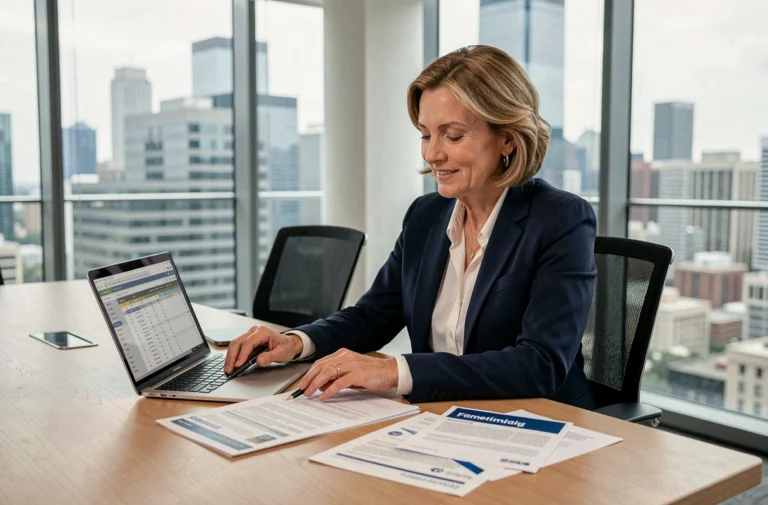 Femme d'affaires analysant des solutions de financement d'équipement pour son entreprise dans un bureau moderne