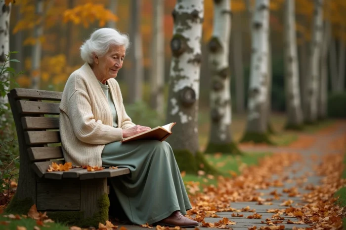 Femme âgée lisant un recueil de poèmes dans un jardin d'automne paisible, ambiance apaisante et contemplative
