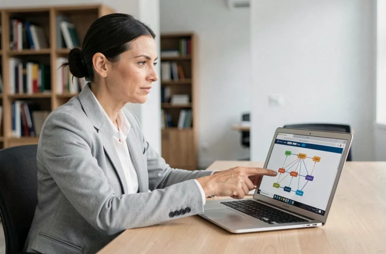 Femme professionnelle analysant un sitemap de site web sur un ordinateur portable dans un bureau moderne