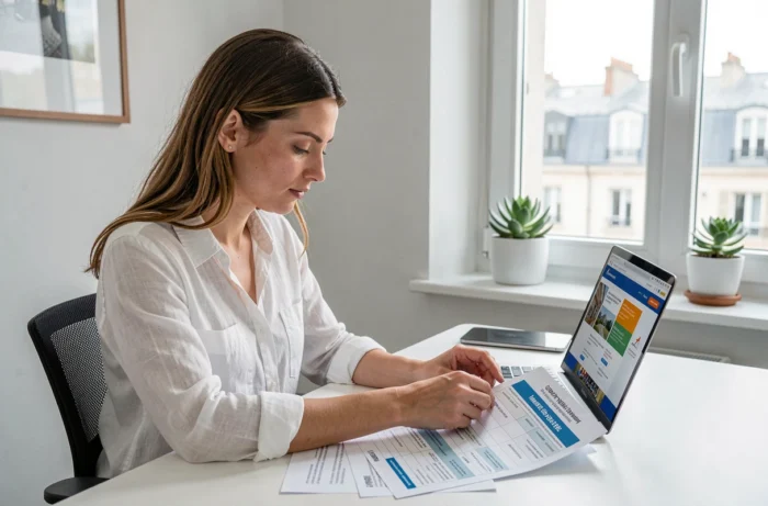 Femme analysant seule les taux immobiliers Casden 2026 dans un bureau à domicile