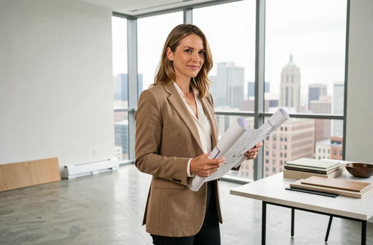 Femme architecte tenant des plans dans un appartement moderne avec vue sur la ville, tendances immobilières