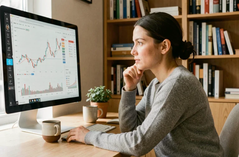 Femme concentrée devant un tableau de bord financier dans un bureau à domicile moderne, illustrant la gestion de revenus stables grâce à l'automatisation