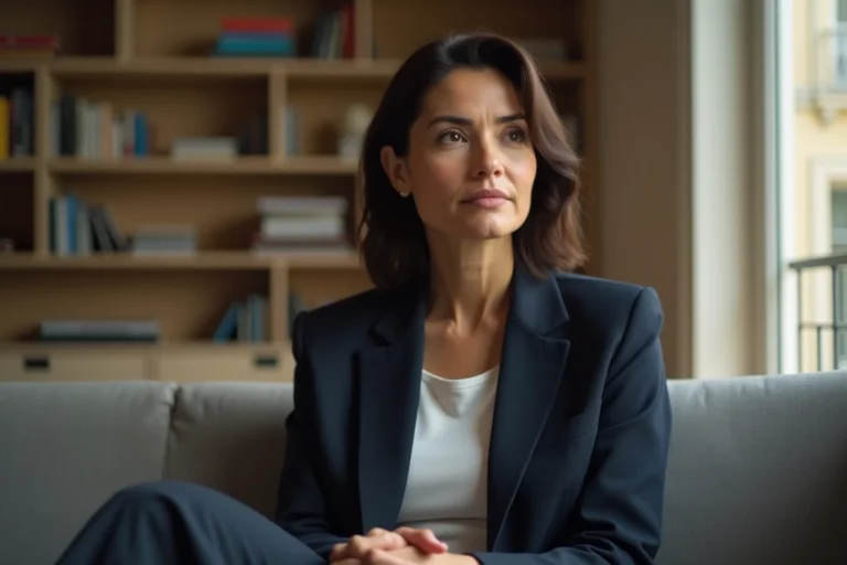 Femme élégante assise dans un salon parisien, regard pensif et posture réservée évoquant la discrétion sur sa vie familiale