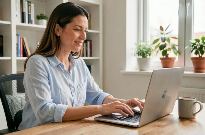 Femme confirmant sa présence à un événement en ligne depuis son bureau à domicile