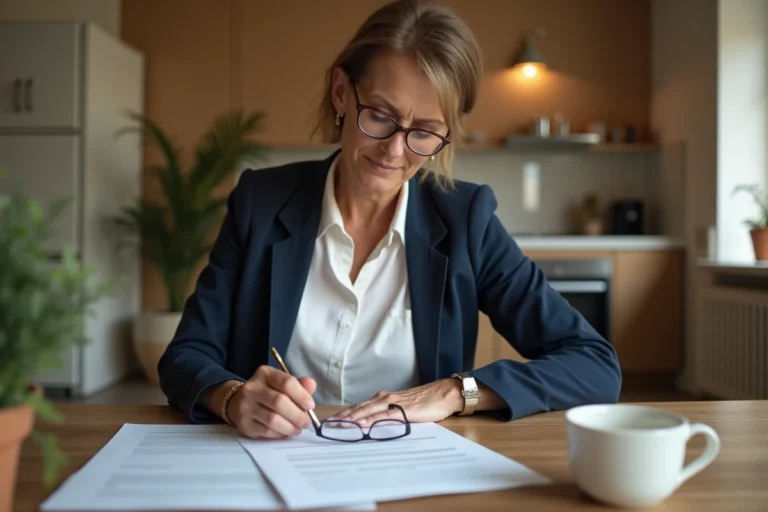 Femme de 40 ans consultant des documents d'assurance à la maison, posée à une table en bois avec des papiers et un café