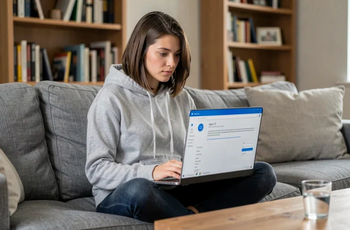 Femme consultant les informations sur les fichiers système Windows 10 depuis son canapé avec un ordinateur portable