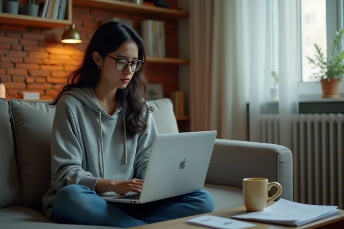 Jeune femme préoccupée consultant un site de fuites en ligne depuis son appartement